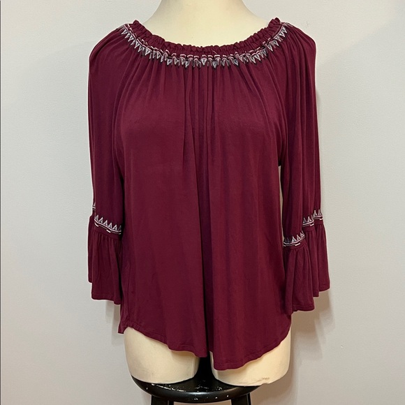 Hannah Tops - Women’s XL Hannah Burgundy Blouse with Embroidered Detail Bell Sleeve Curved Hem